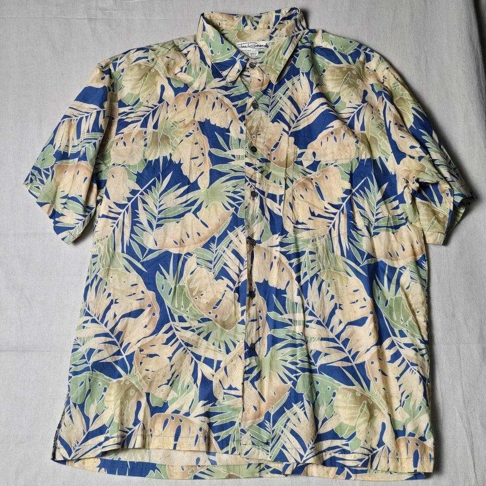 Tori Richard Hawaiian Shirt XL Short Sleeve 100% Cotton Blue/Green Leaves USA - Picture 1 of 16
